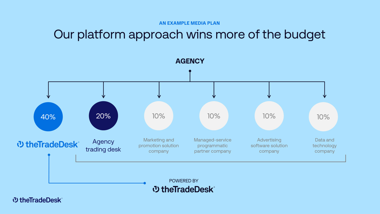 An agency media plan split six ways, with TTD taking 40% directly and another 20% through the agency's trading desk.