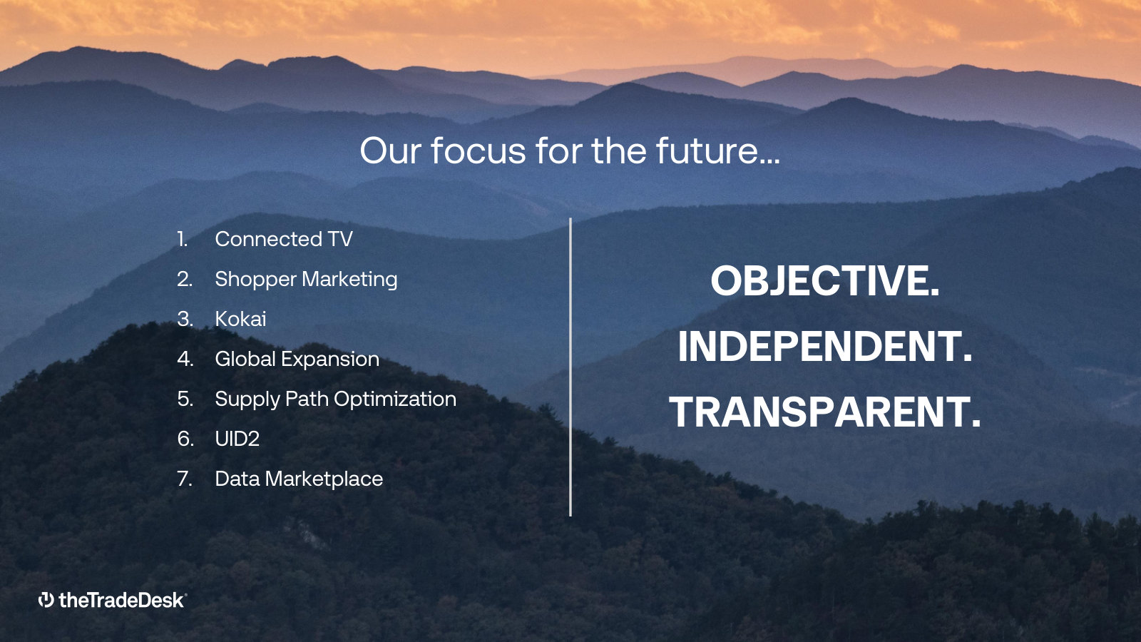 The seven strategic priorities as management ranked them — CTV, shopper marketing, Kokai, international, supply path, UID2, data.
