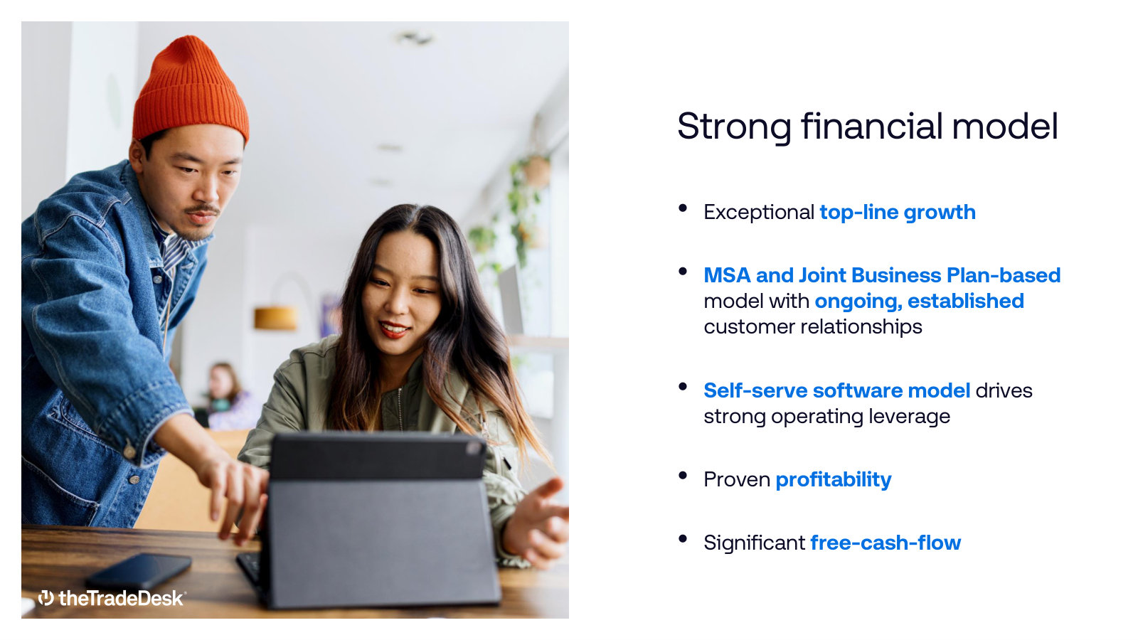 The revenue model in words: master service agreements and joint business plans, and why self-serve software gives operating leverage.