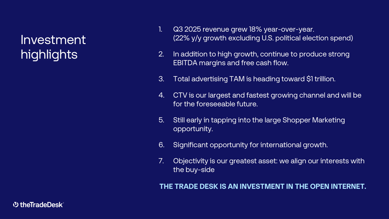 Management's own seven-point investment case, ending on 'an investment in the open internet'.