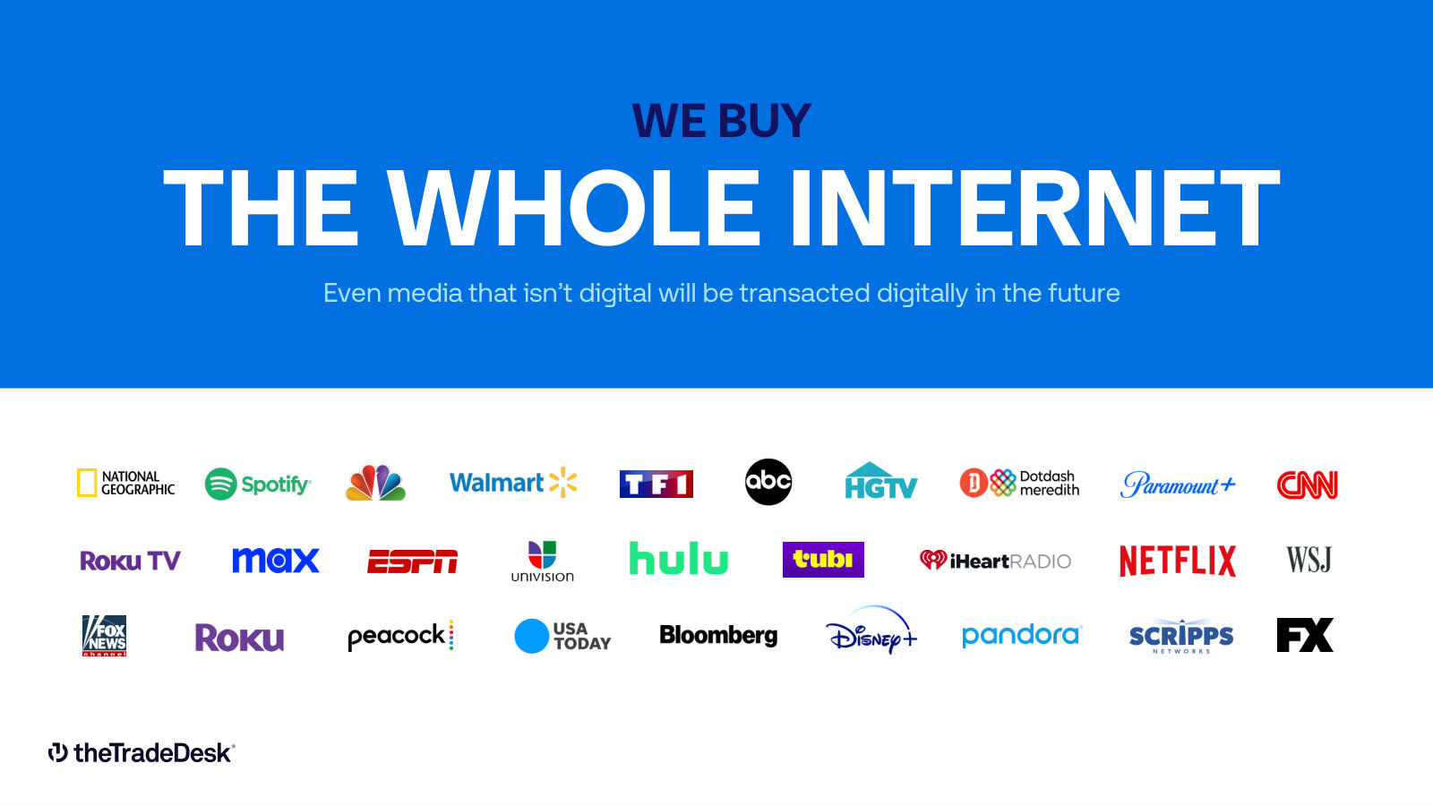 The supply side — the publishers and streamers whose inventory TTD buys, from Netflix and Disney+ to Spotify and Walmart.