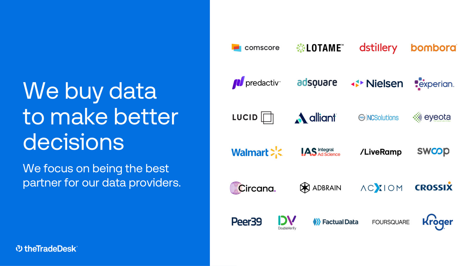 The data marketplace's suppliers — third-party data sellers resold into bids, including Nielsen, Experian, LiveRamp and Kroger.
